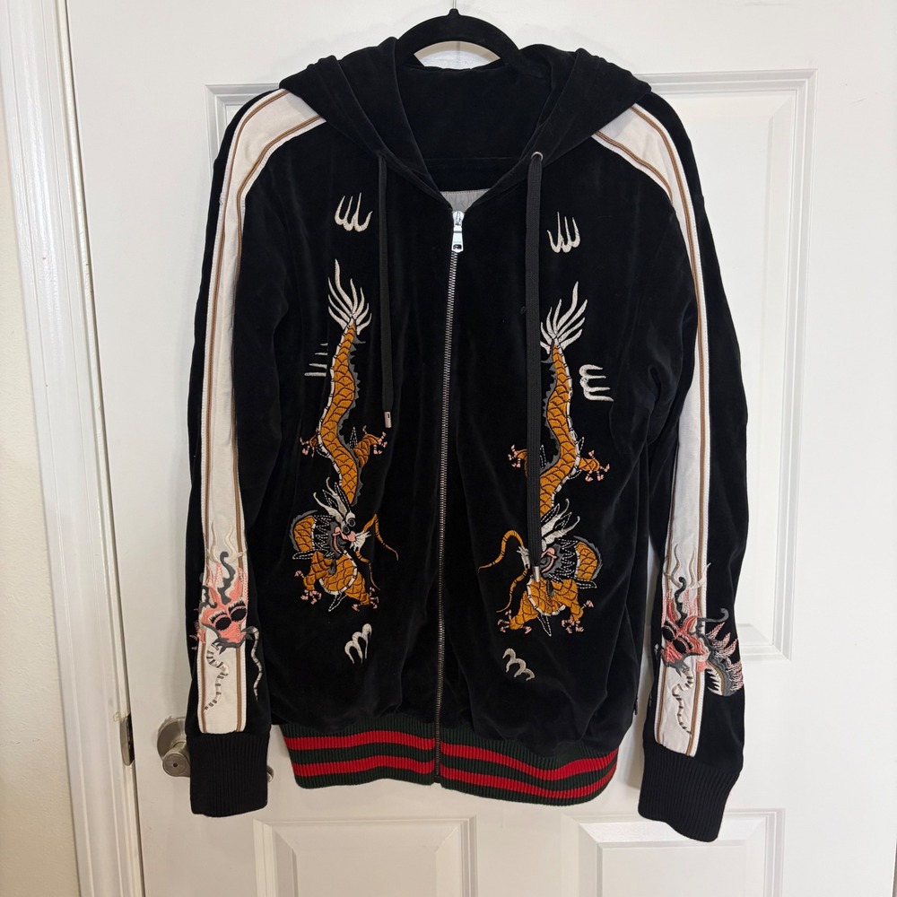 Gucci Black Velvet Dragon Embroidered Web Stripe Zip Up Hoodie Mens Large